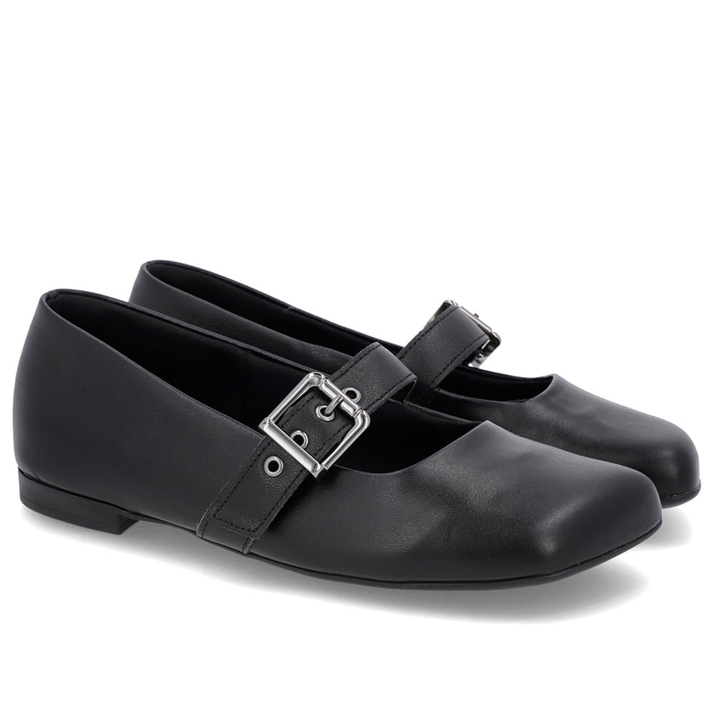 Sapatilha Boneca Preta Couro Bico Quadrado Preto 2