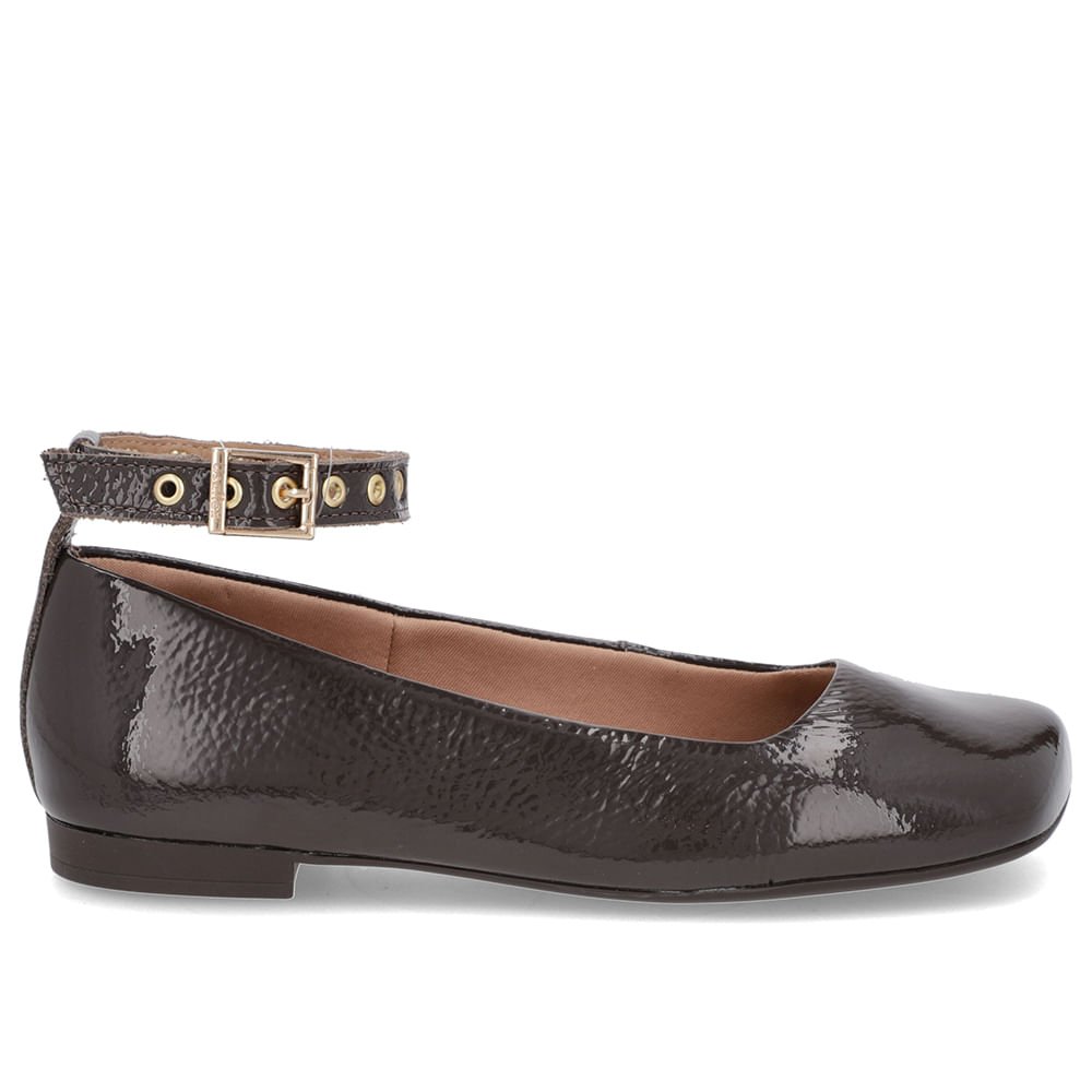 Sapatilha Ajuste Tornozelo Marrom Verniz Bico Quadrado