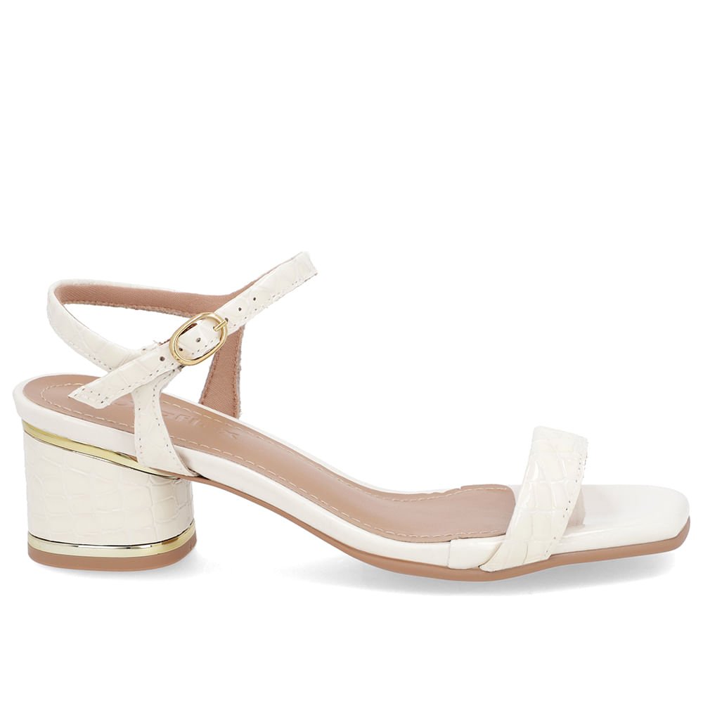 Sandália Salto Bloco Verniz Branca Marfim Detalhe Salto