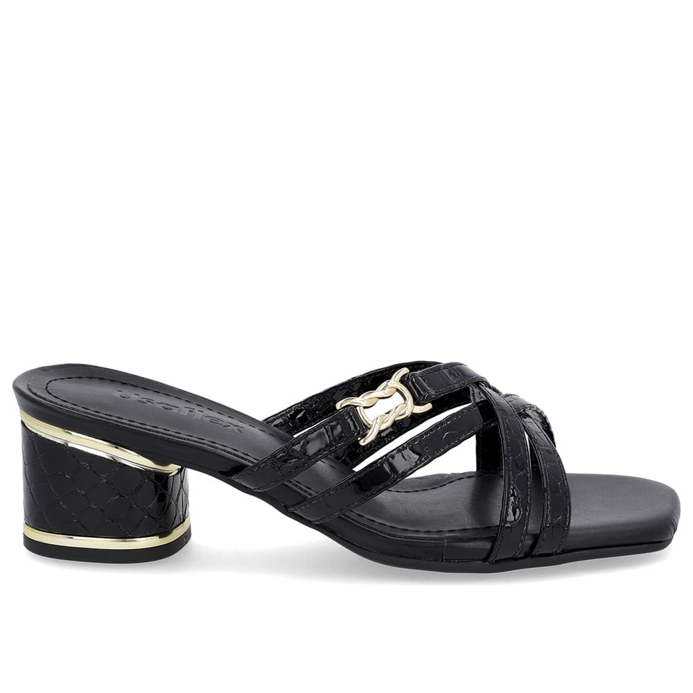 Tamanco Salto Bloco Verniz Preto Detalhe Salto