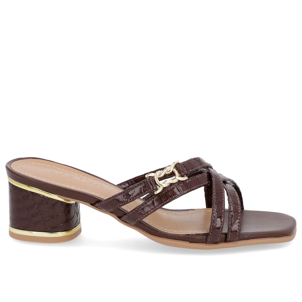 Tamanco Salto Bloco Verniz Marrom Detalhe Salto