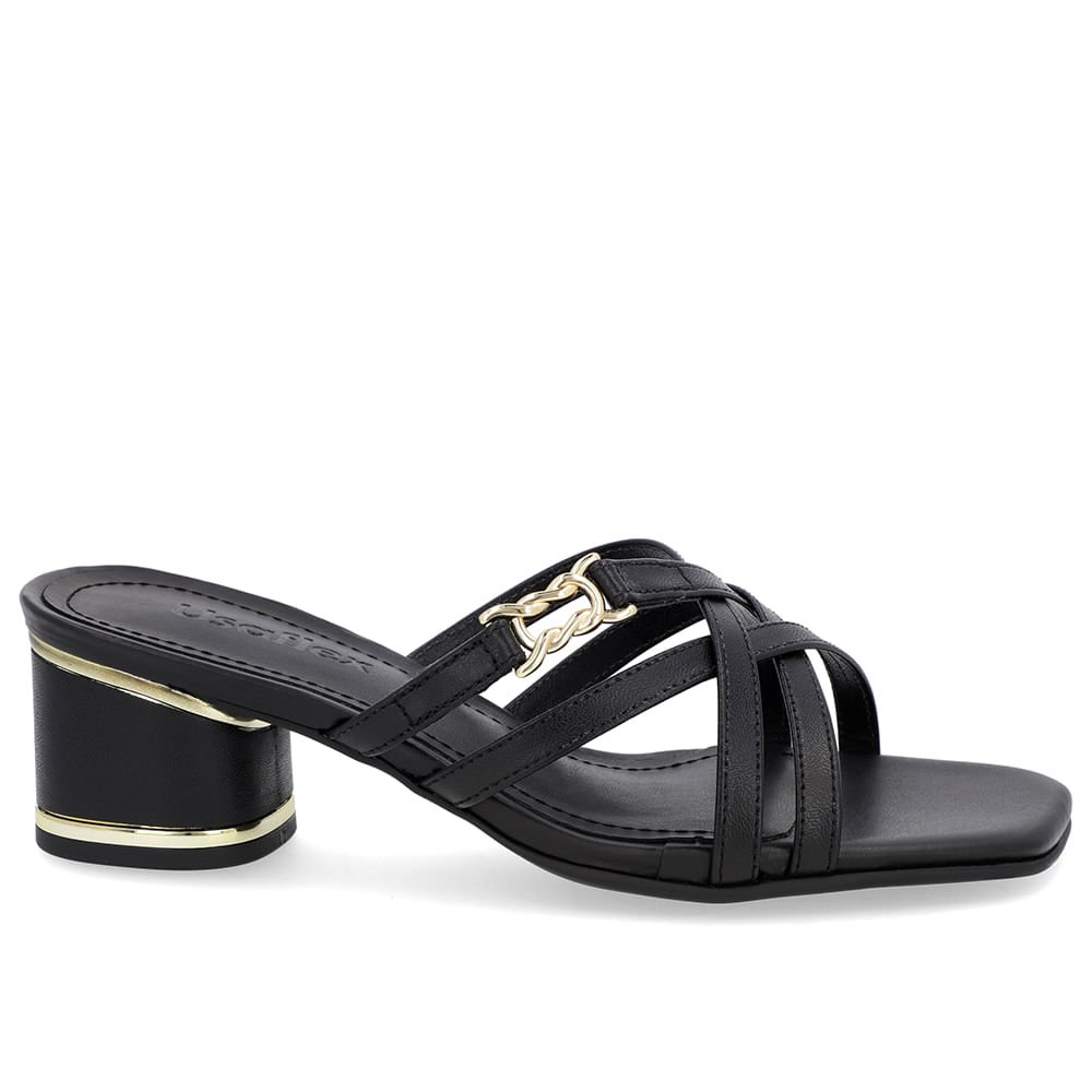 Tamanco Salto Bloco Couro Preto Detalhe Salto