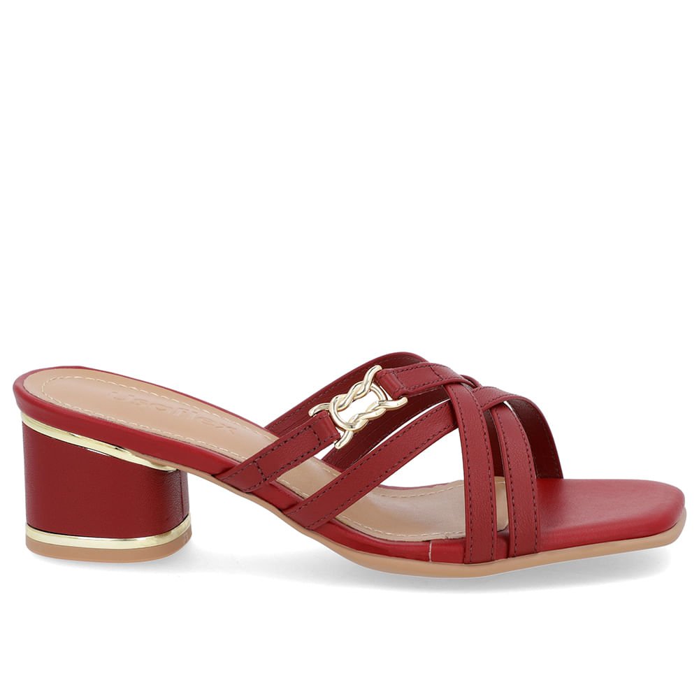 Tamanco Salto Bloco Couro Vermelho Detalhe Salto