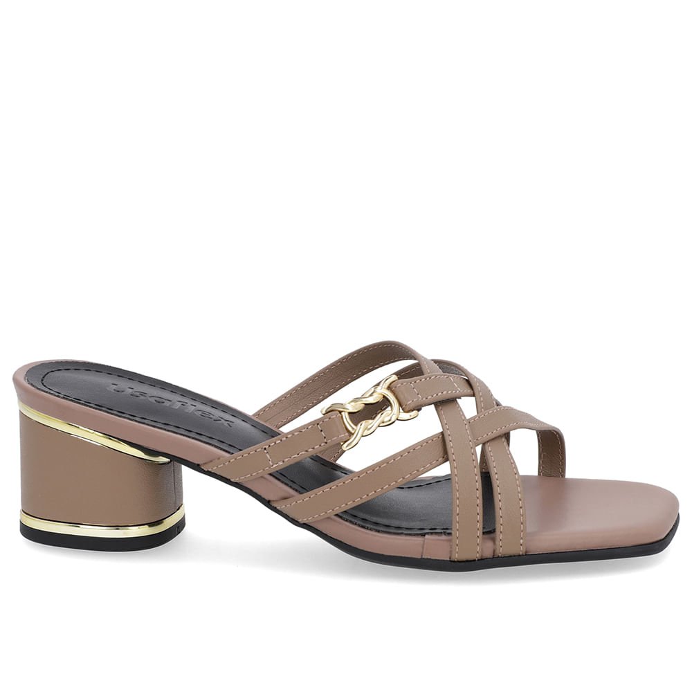 Tamanco Salto Bloco Couro Marrom Detalhe Salto