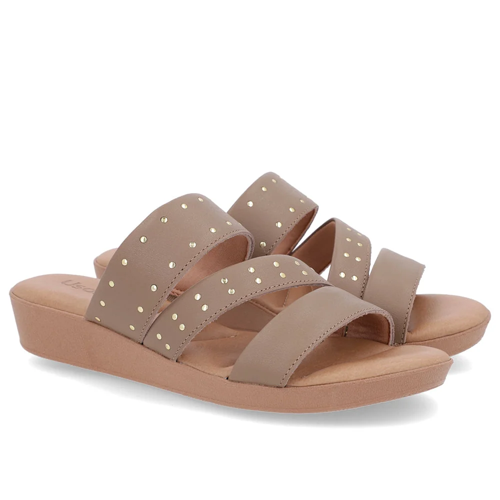 Tamanco Salto Plataforma Couro Marrom Claro Rebites Marrom 2