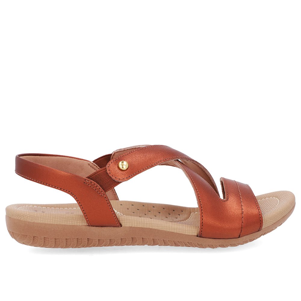 Sandália Rasteira Couro Metalizado Cobre Elástico