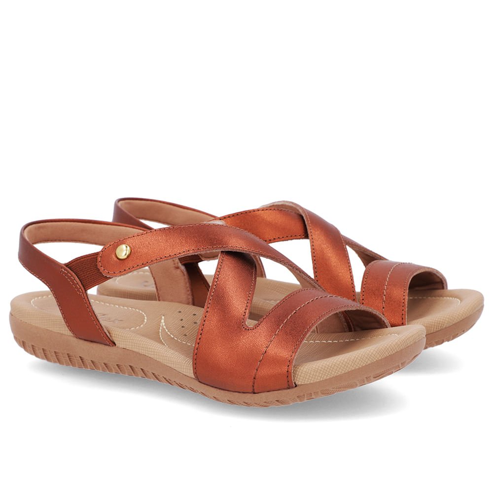 Sandália Rasteira Couro Metalizado Cobre Elástico Marrom 2