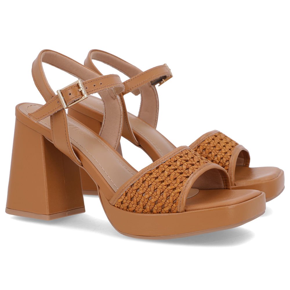 Sandália Salto Alto Couro Marrom Tira Trançada Marrom 2