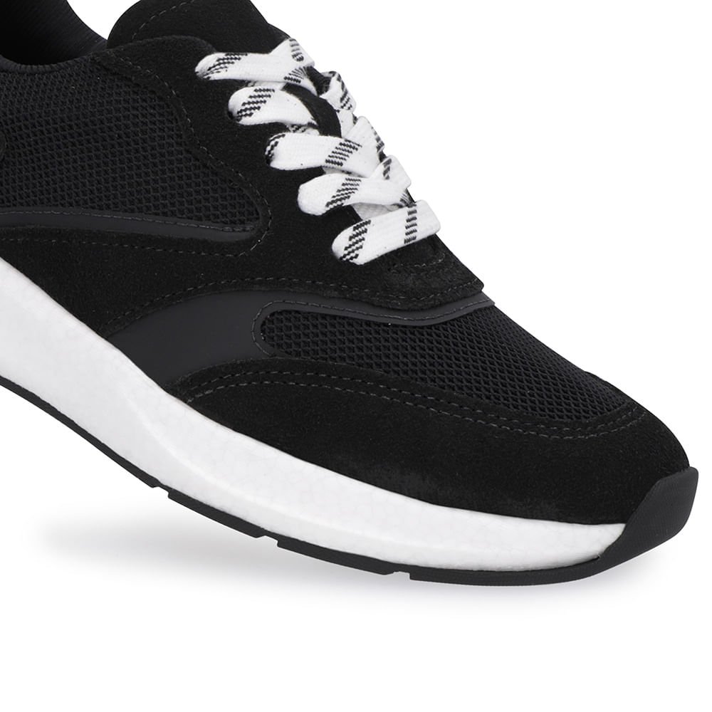 Tênis Preto Couro Cadarço Detalhe Tecido Preto 4