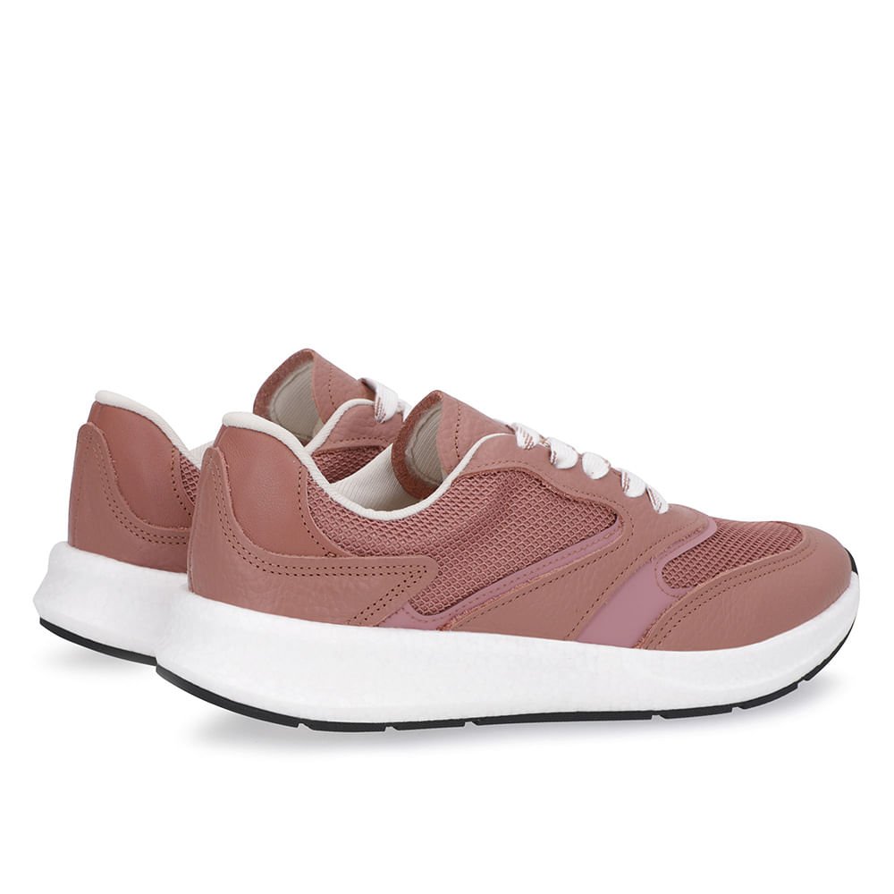 Tênis Rosa Couro Cadarço Detalhe Tecido Rosa 3