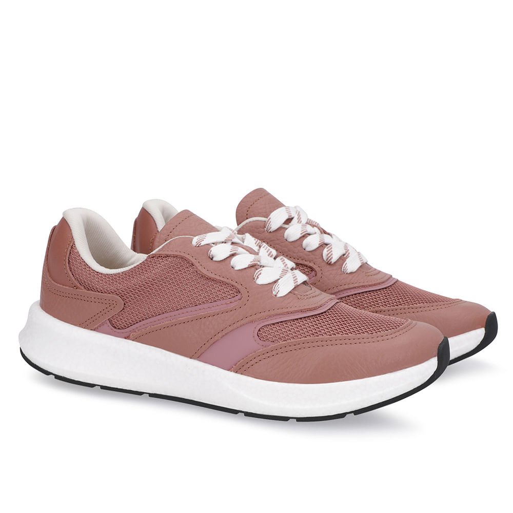 Tênis Rosa Couro Cadarço Detalhe Tecido Rosa 2