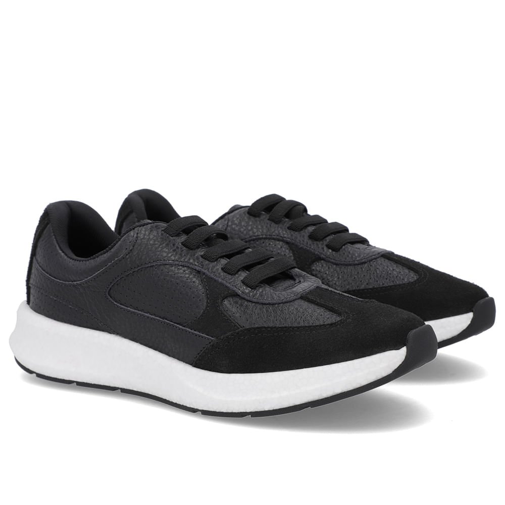 Tênis Preto Couro Cadarço Elástico Preto 2