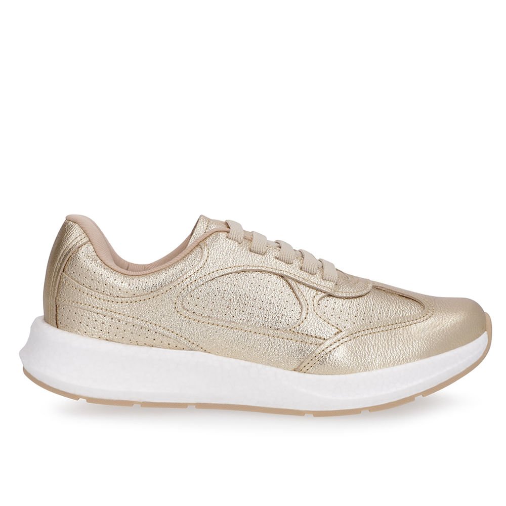 Tênis Dourado Couro Cadarço Elástico