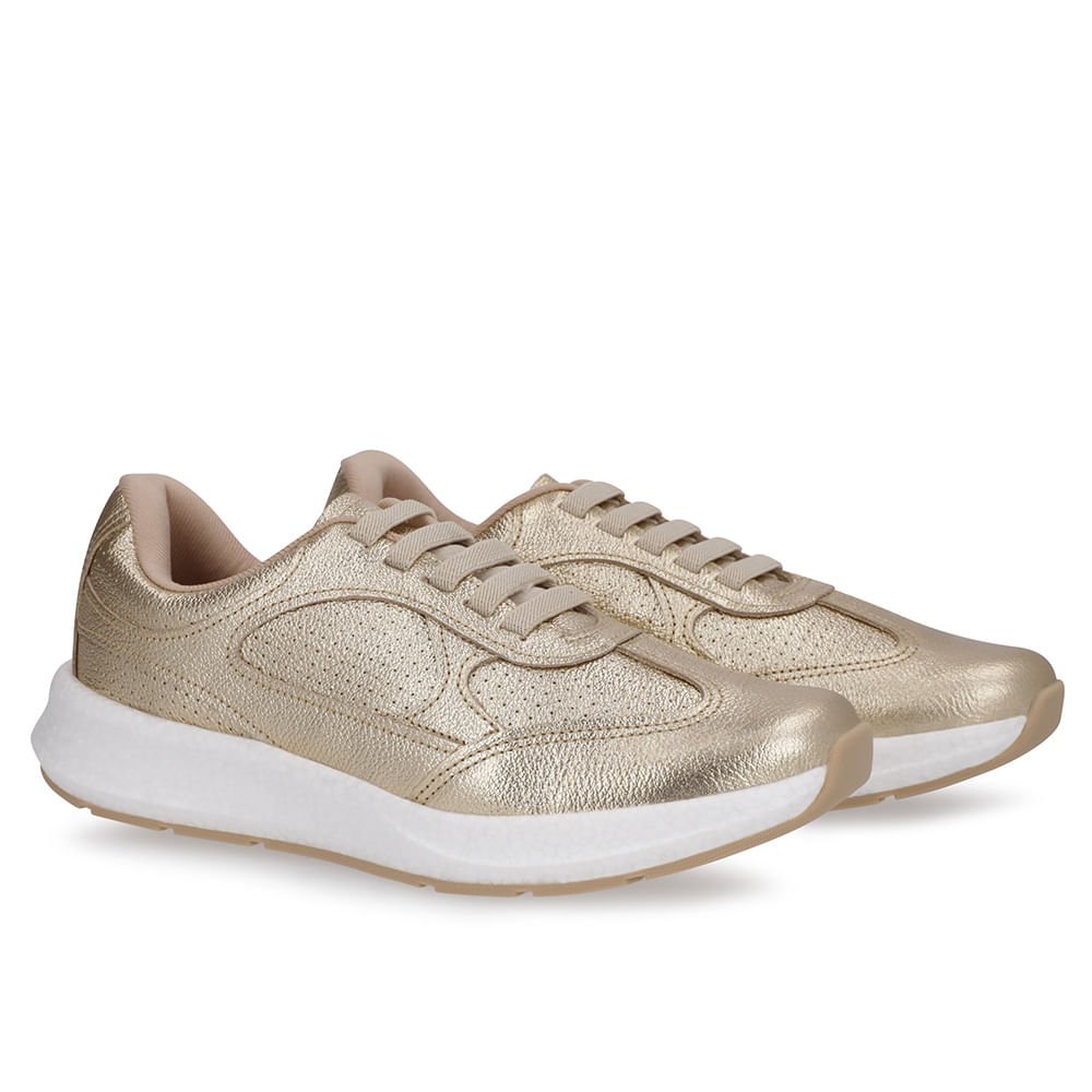 Tênis Dourado Couro Cadarço Elástico Dourado 2