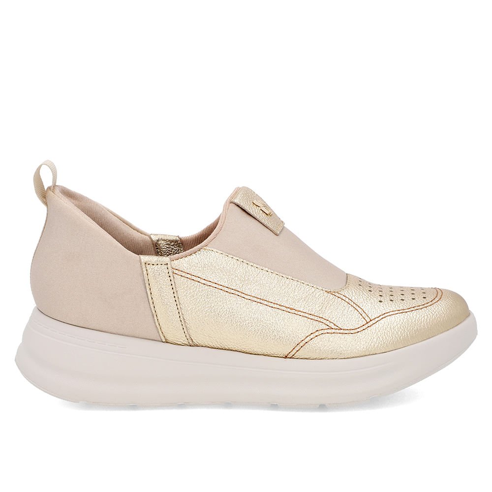 Tênis Casual Dourado Couro Detalhe Elastano