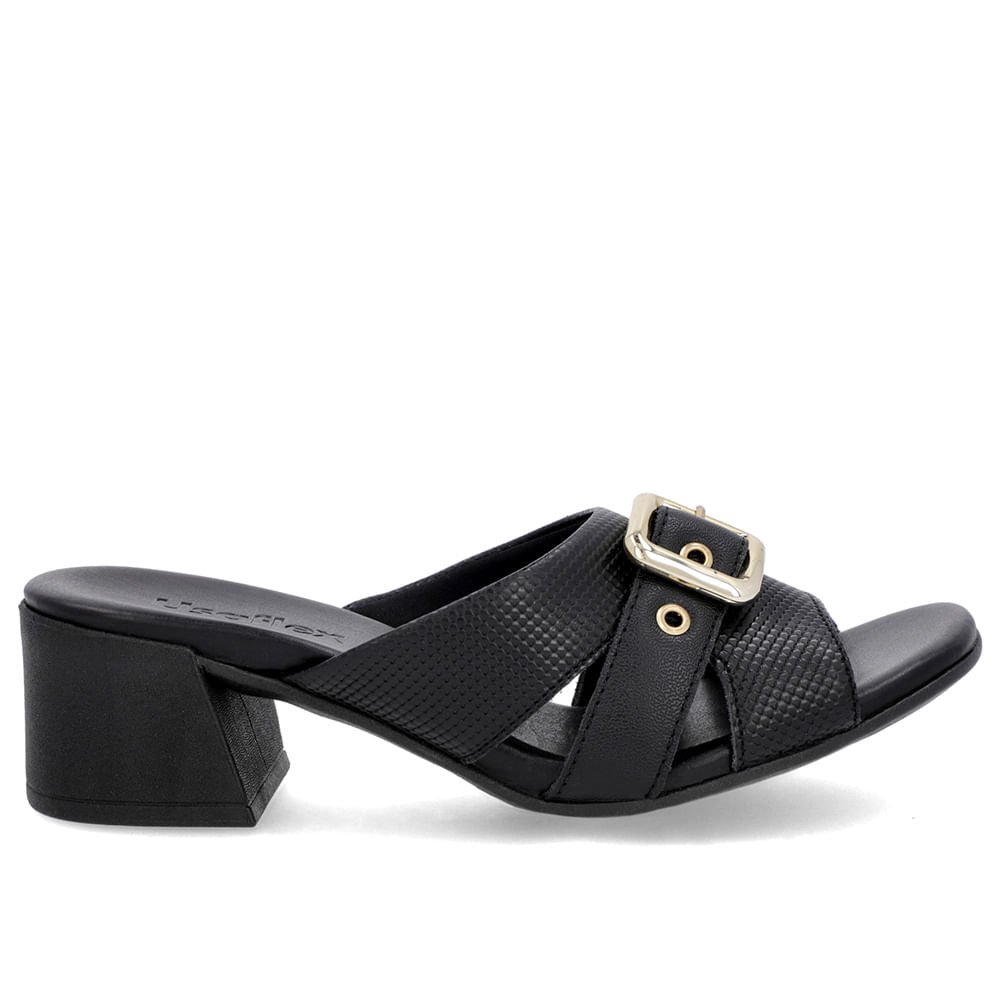 Tamanco Preto Salto Bloco Couro Fivela