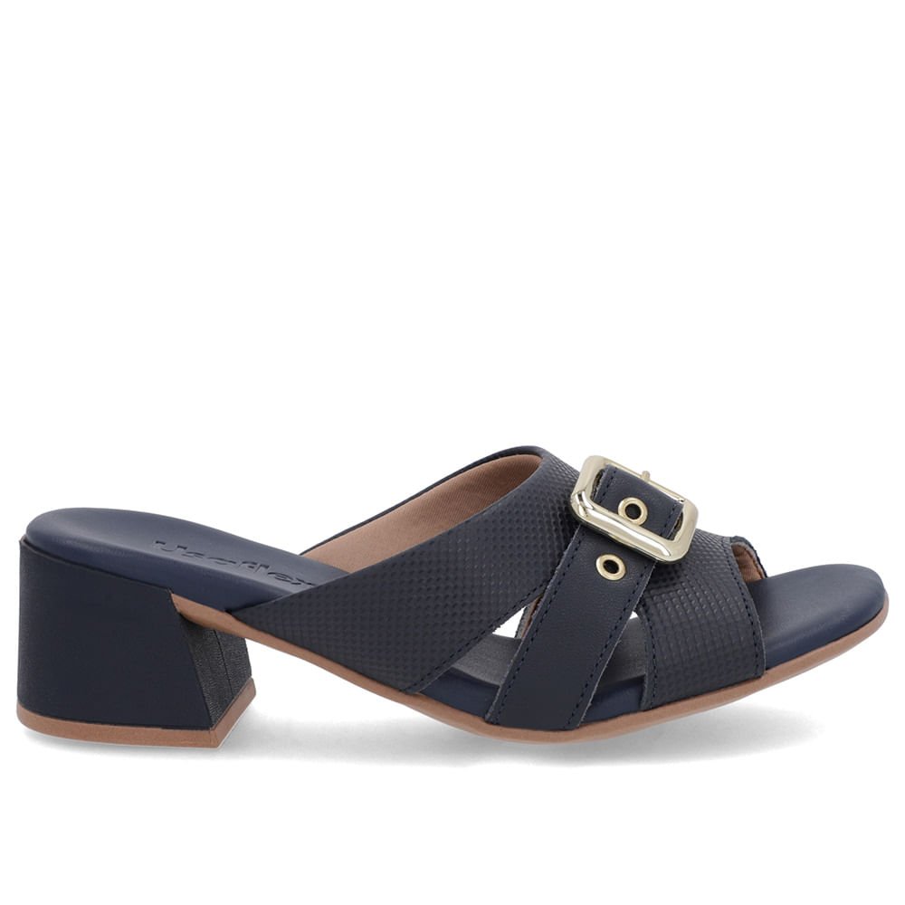 Tamanco Azul Salto Bloco Couro Fivela