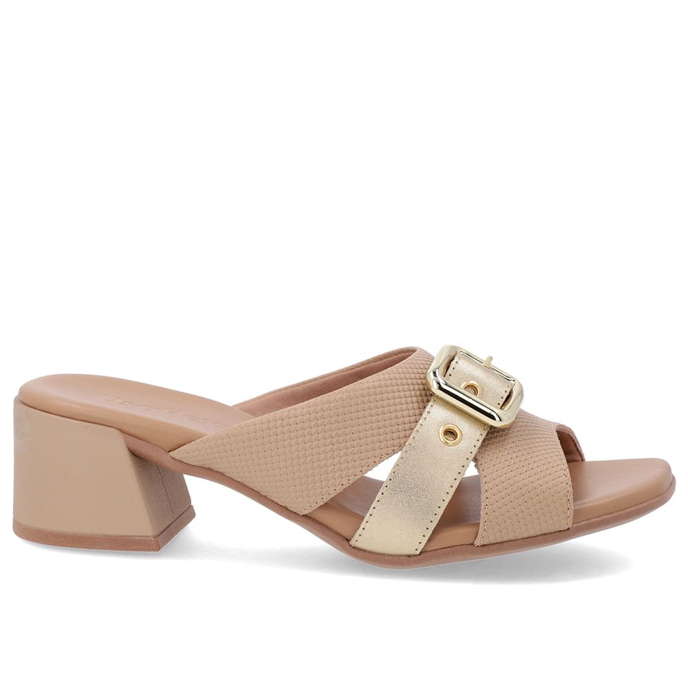 Tamanco Bege Salto Bloco Couro Fivela