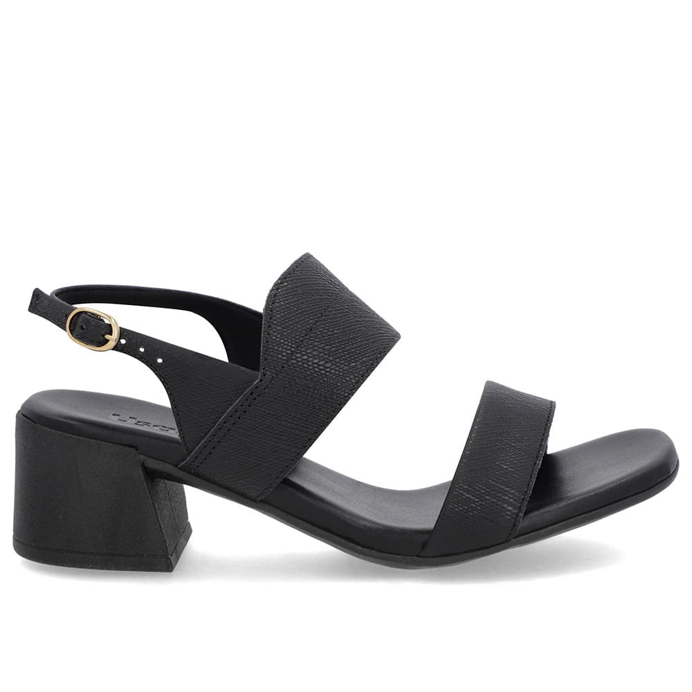 Sandália Preta Couro Salto Bloco Detalhe Tira