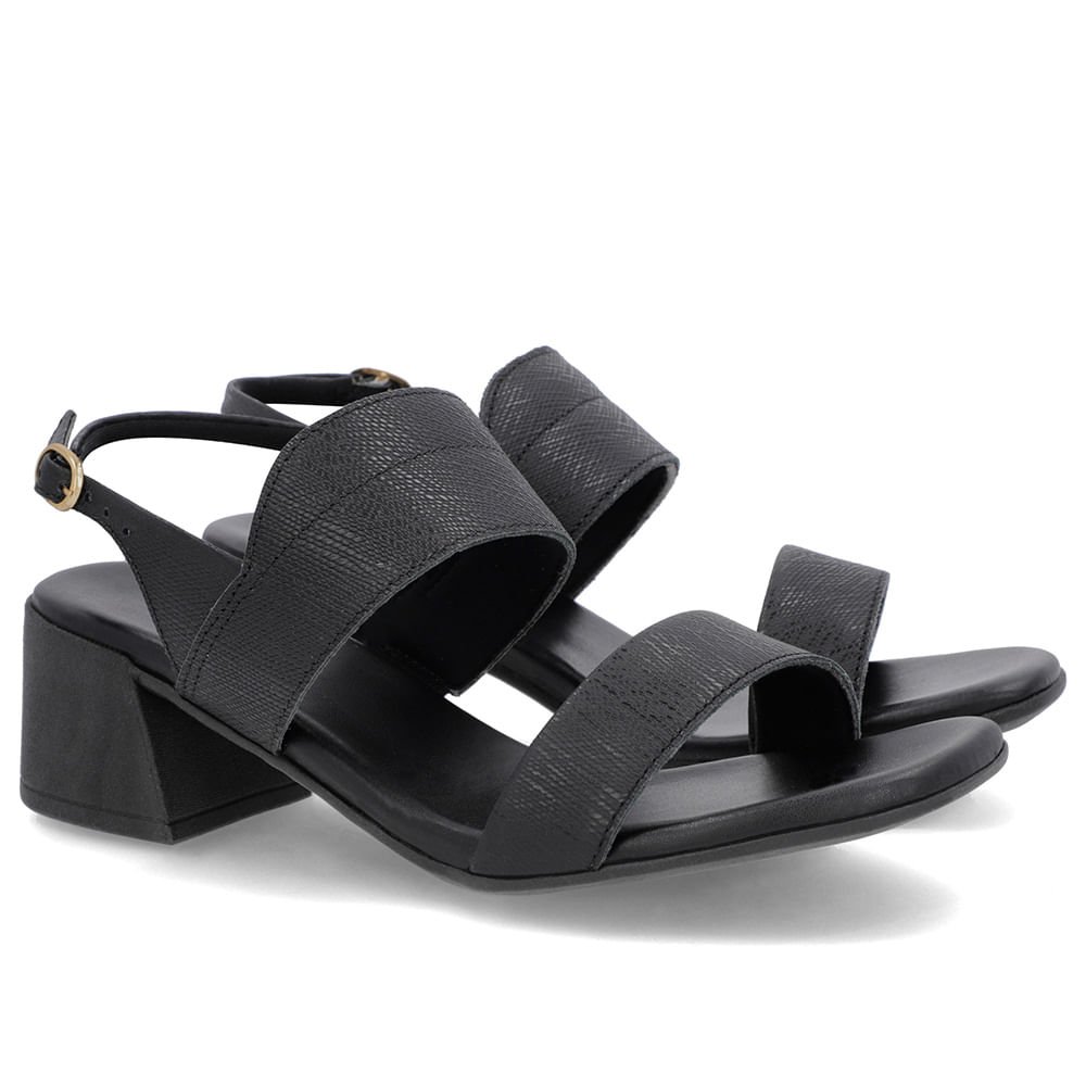 Sandália Preta Couro Salto Bloco Detalhe Tira Preto 2