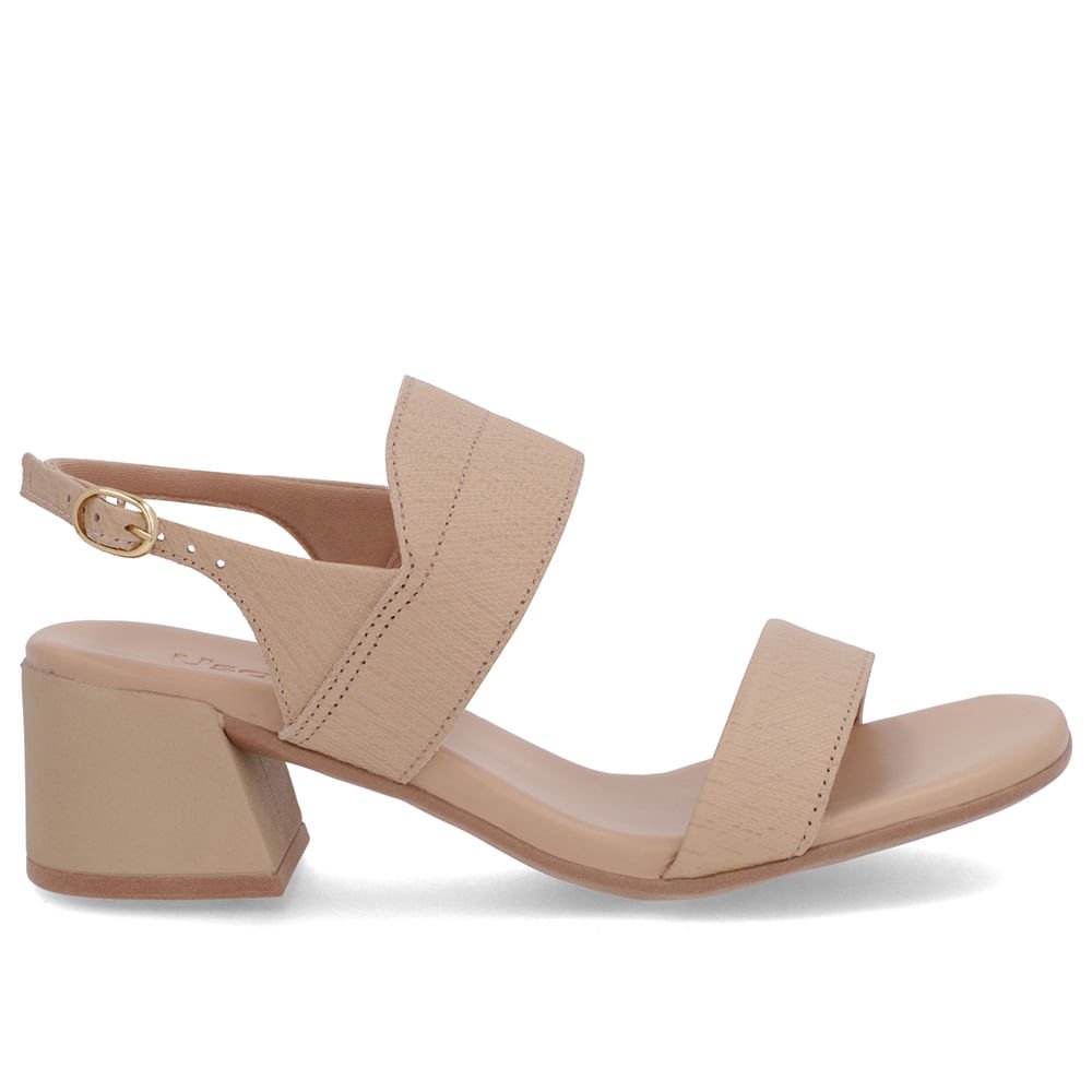 Sandália Bege Couro Salto Bloco Detalhe Tira