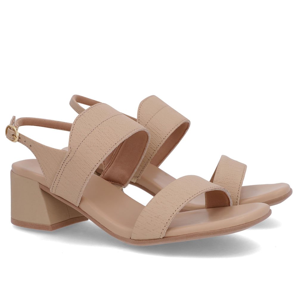 Sandália Bege Couro Salto Bloco Detalhe Tira Bege 2