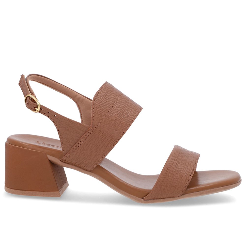 Sandália Marrom Couro Salto Bloco Detalhe Tira