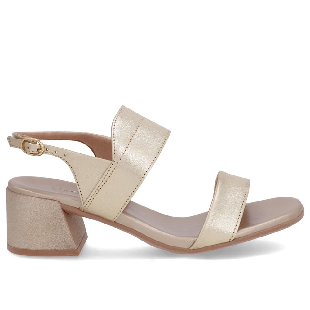 Sandália Dourada Couro Salto Bloco Detalhe Tira