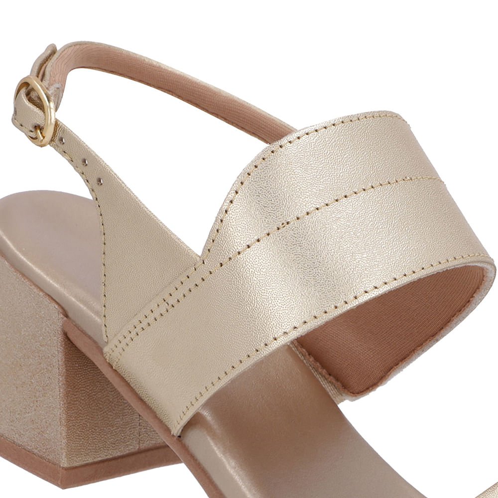 Sandália Dourada Couro Salto Bloco Detalhe Tira Dourado 4