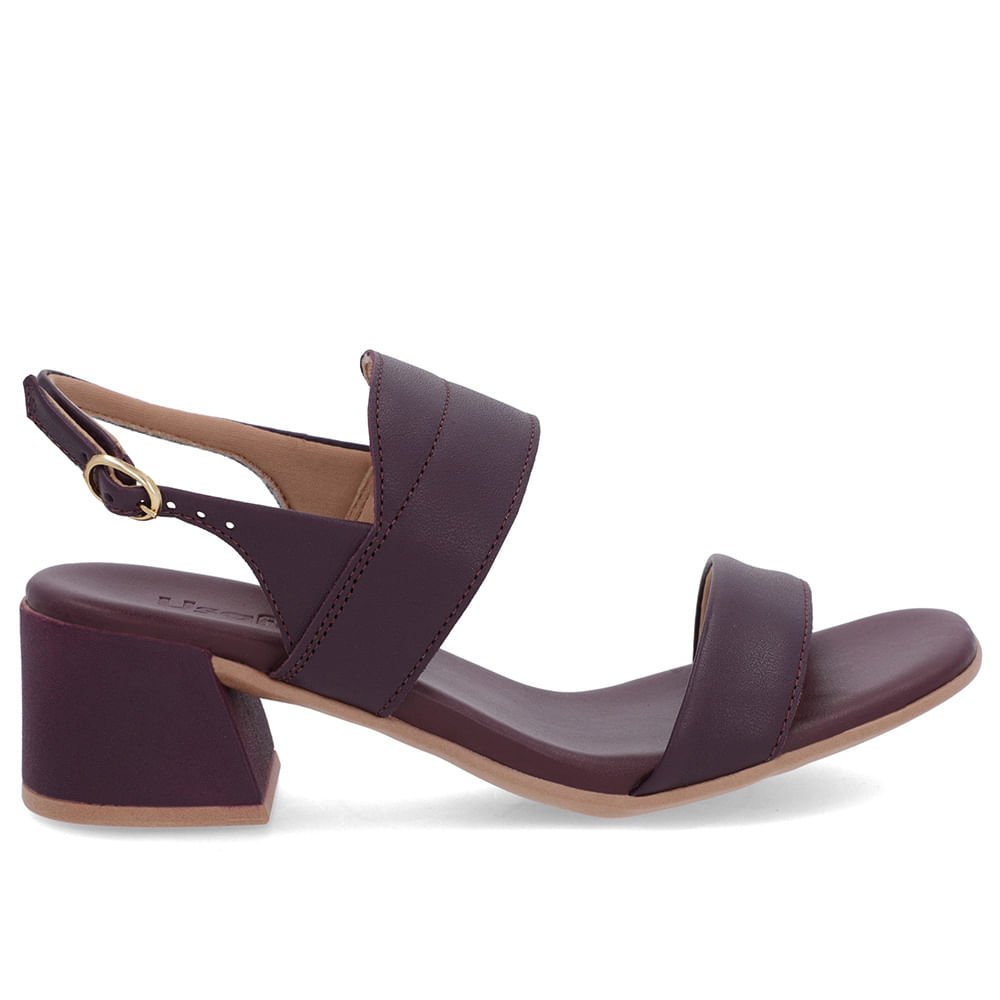 Sandália Roxa Couro Salto Bloco Detalhe Tira