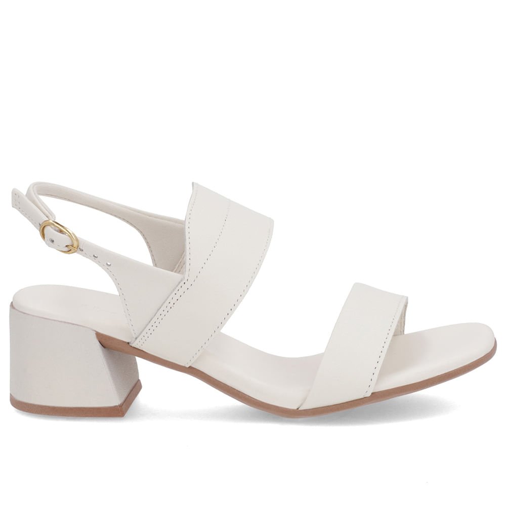 Sandália Branca Marfim Couro Salto Bloco Detalhe Tira