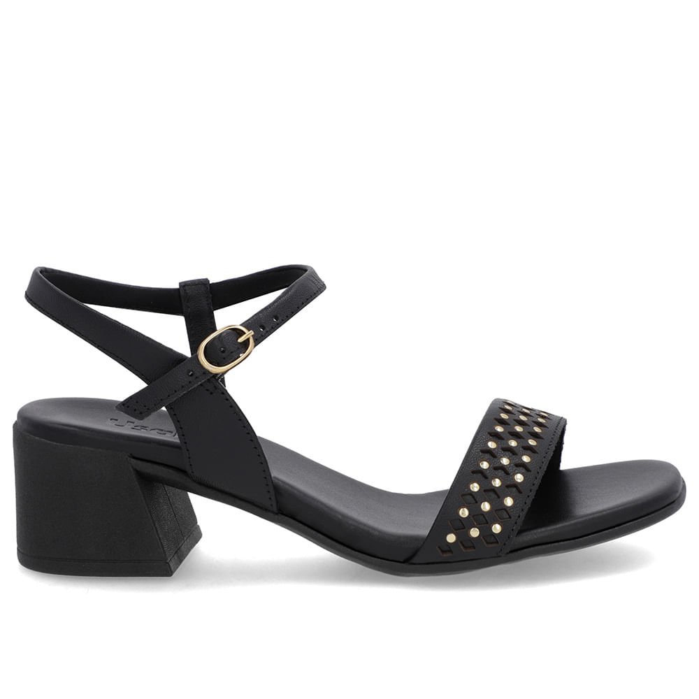 Sandália Preta Couro Detalhe Laser Rebite