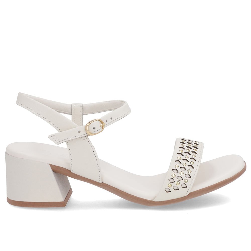 Sandália Branca Marfim Couro Detalhe Laser Rebite