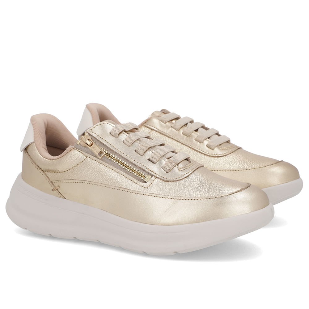 Tênis Dourado Couro Sola Clara Zíper Dourado 2