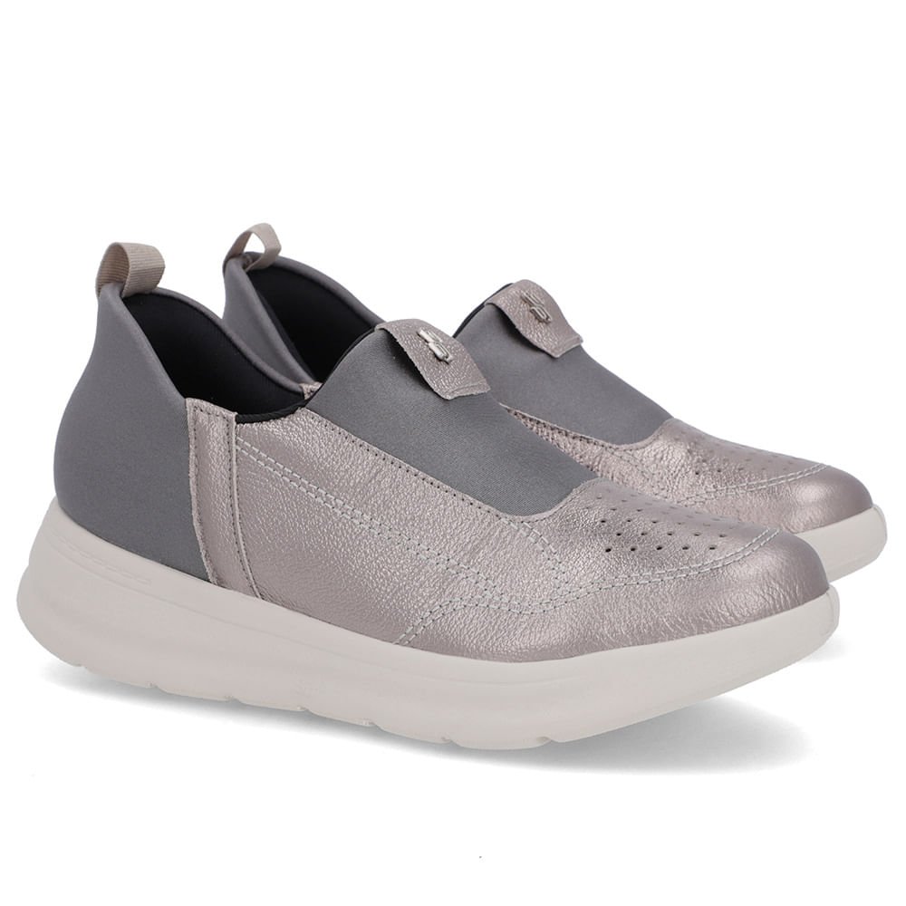 Tênis Casual Aço Couro Detalhe Elastano Cinza 2