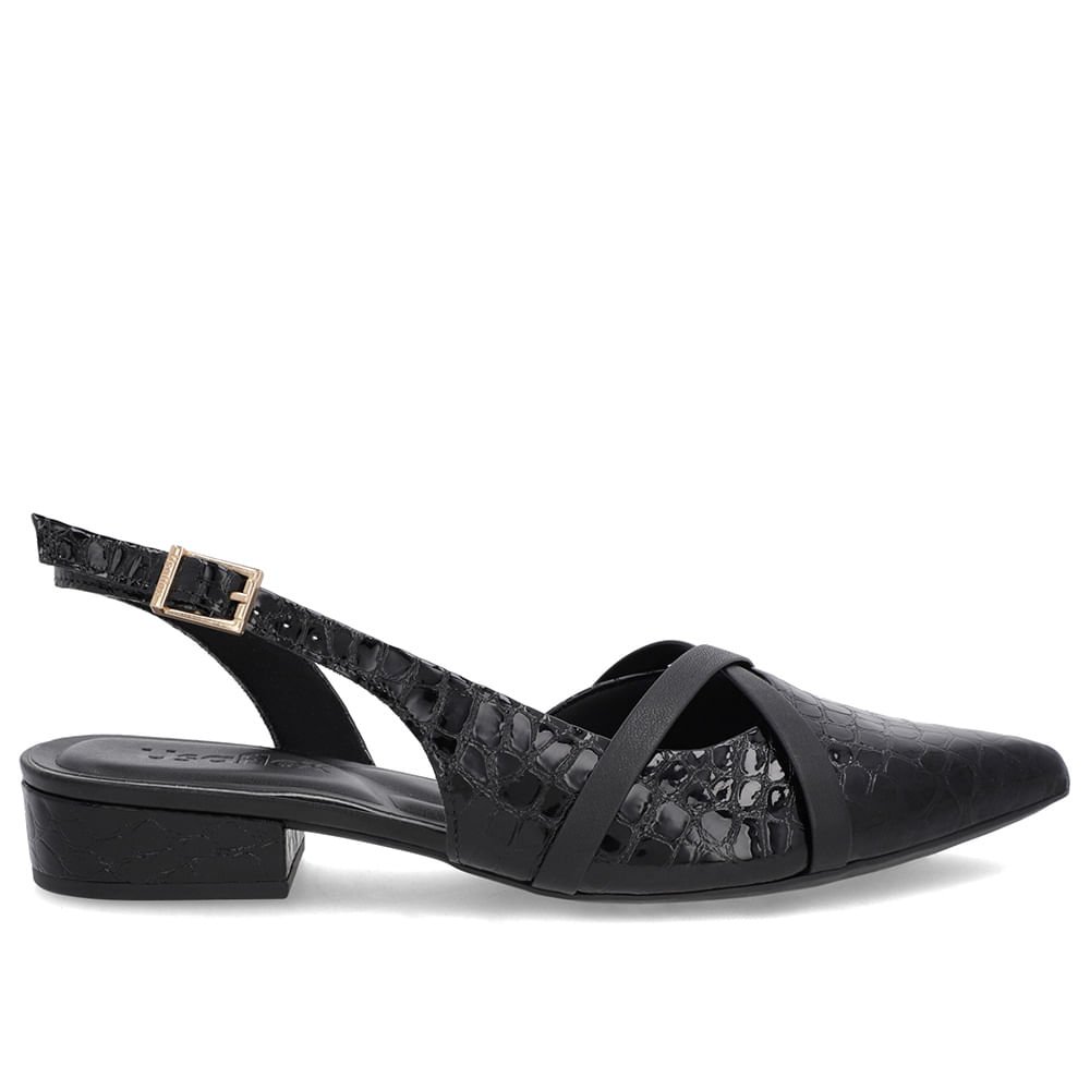 Slingback Preto Semi Aberto Couro Croco Tiras