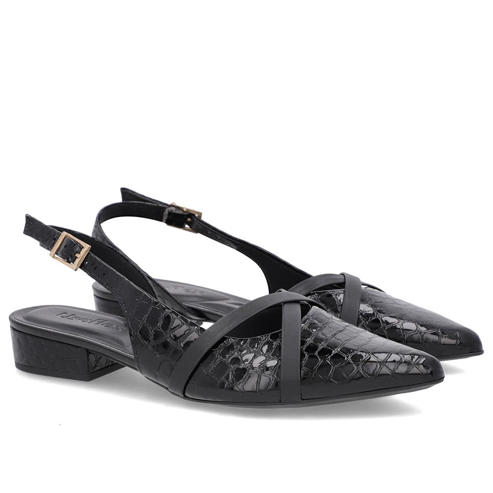 Slingback Preto Semi Aberto Couro Croco Tiras Preto 2