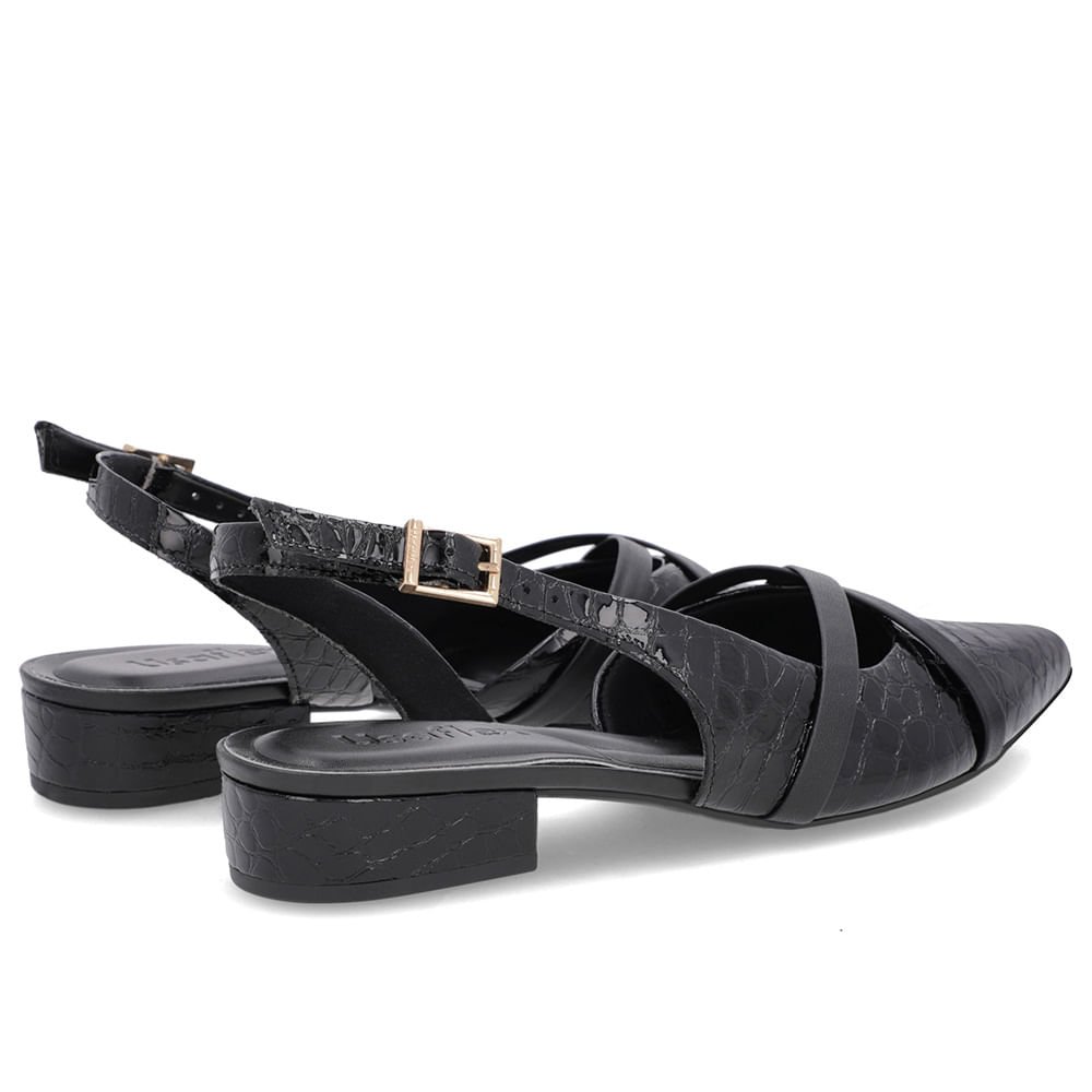 Slingback Preto Semi Aberto Couro Croco Tiras Preto 3