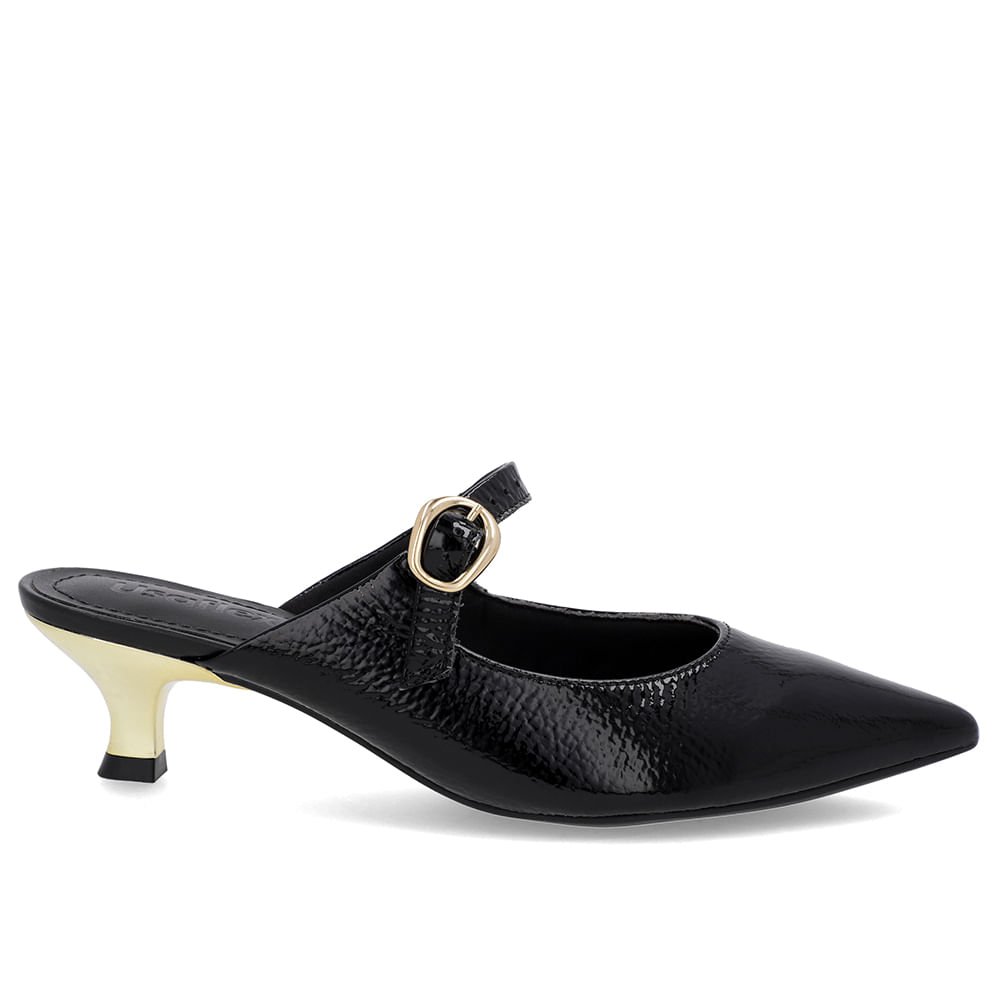 Mule Preta Verniz Salto Kitten Tira
