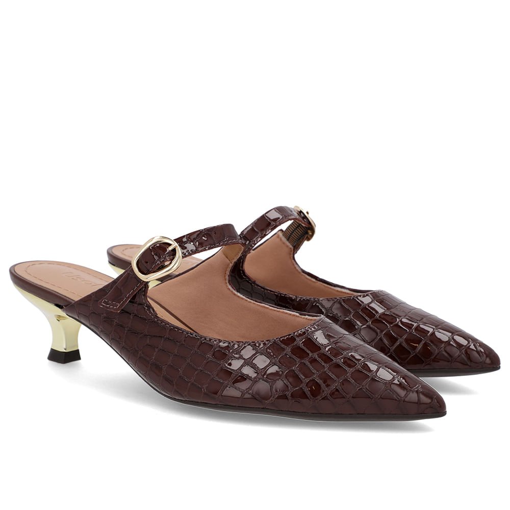Mule Marrom Verniz Croco Salto Kitten Tira Marrom 2