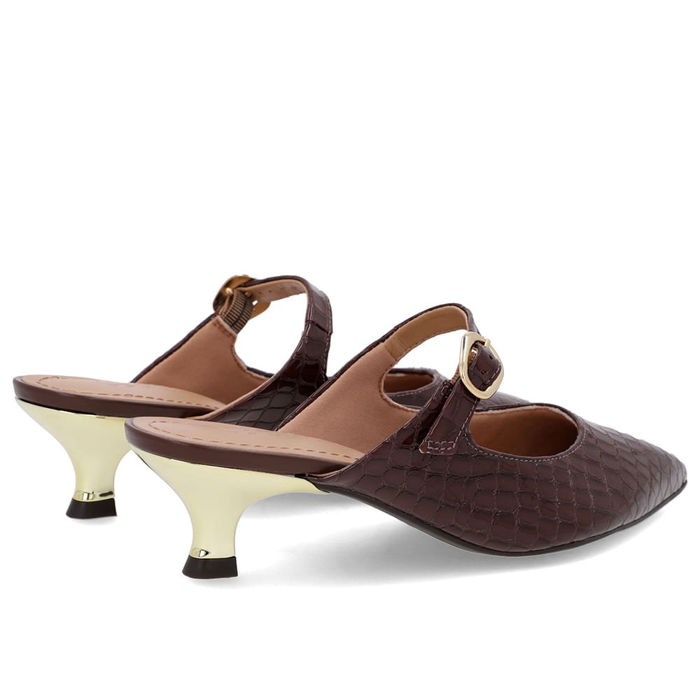 Mule Marrom Verniz Croco Salto Kitten Tira Marrom 3