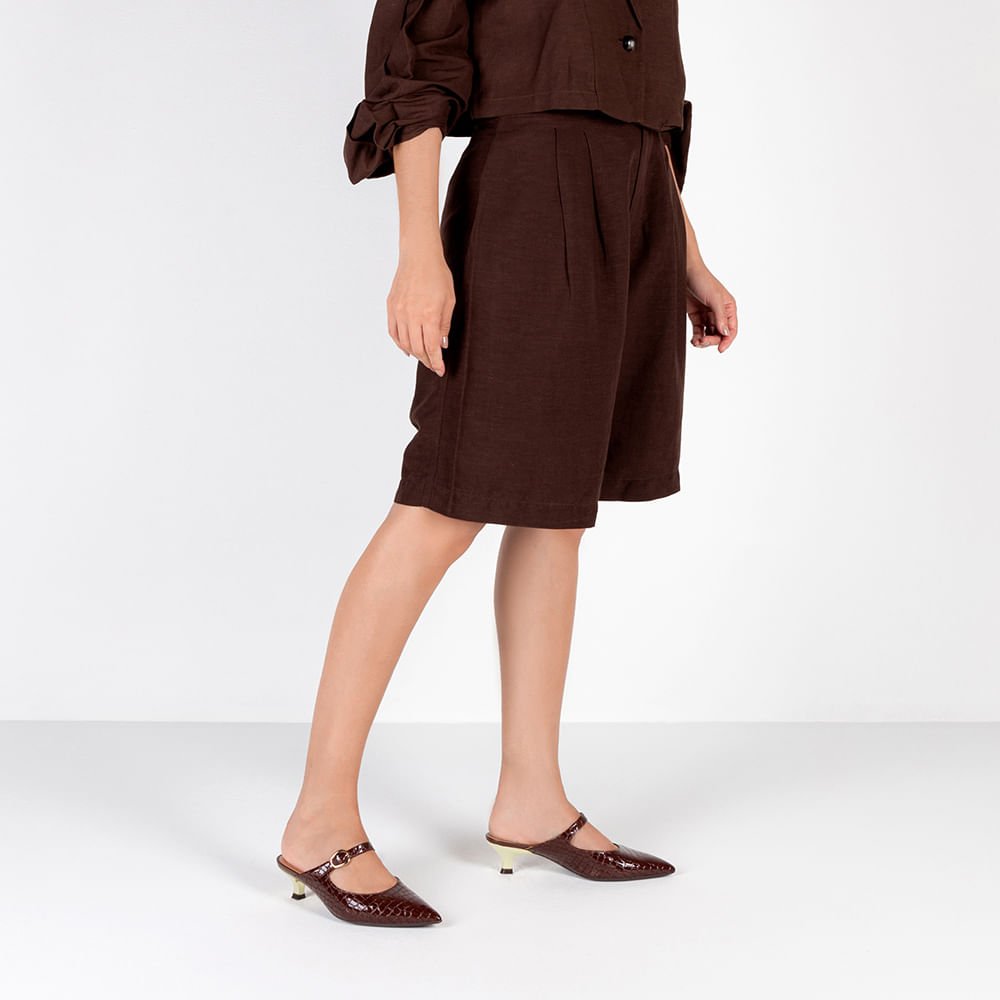 Mule Marrom Verniz Croco Salto Kitten Tira Marrom 4