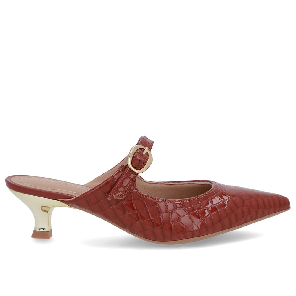 Mule Marrom Verniz Croco Salto Kitten Tira