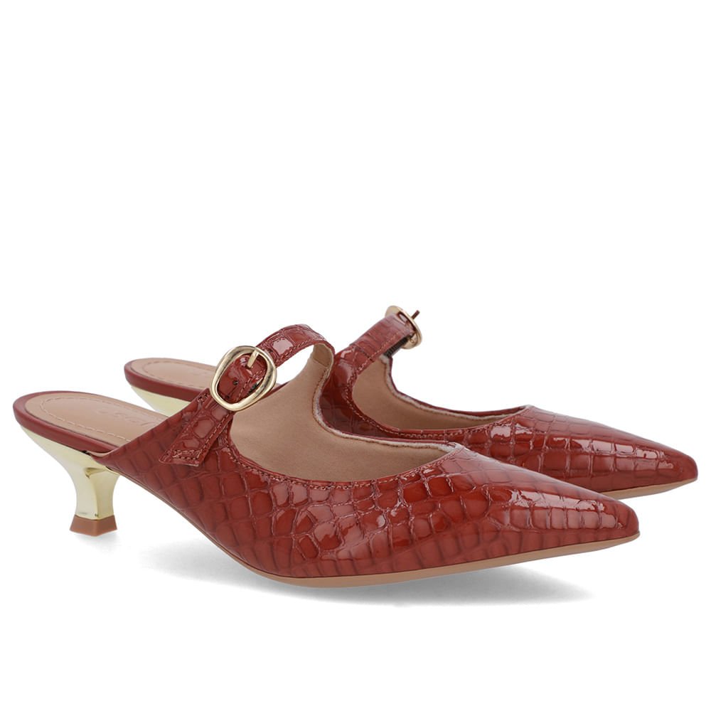 Mule Marrom Verniz Croco Salto Kitten Tira Marrom 2