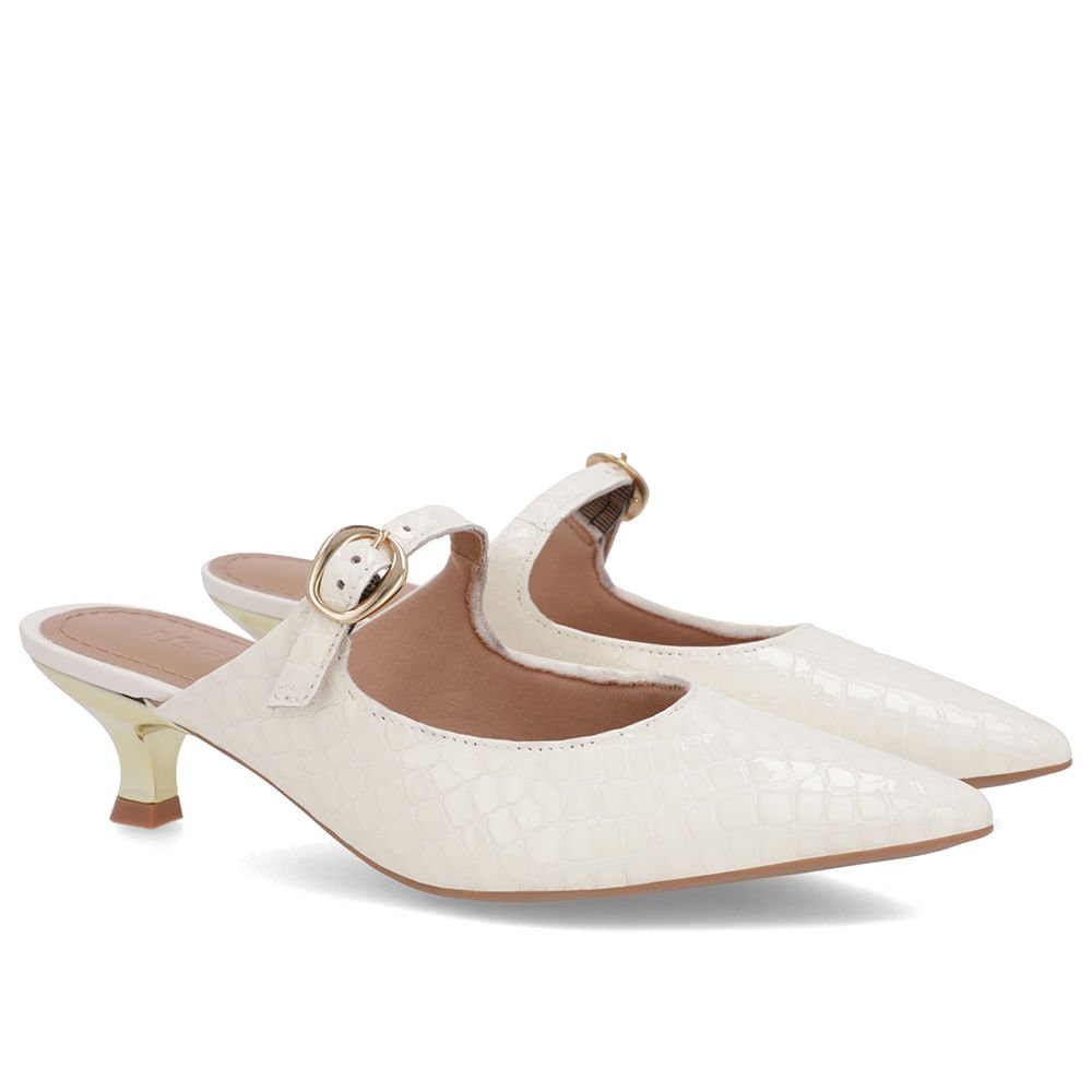 Mule Branca Marfim Verniz Croco Salto Kitten Tira Branco 2