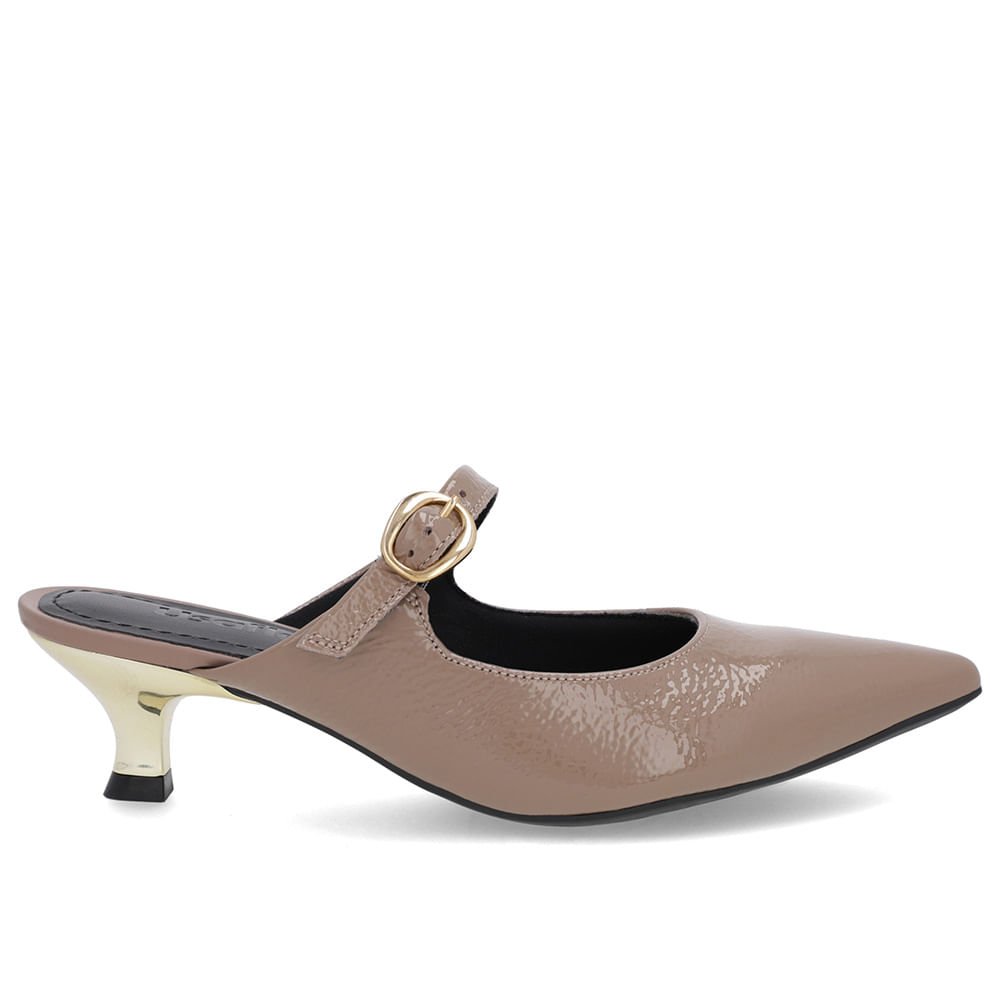 Mule Marrom Verniz Salto Kitten Tira