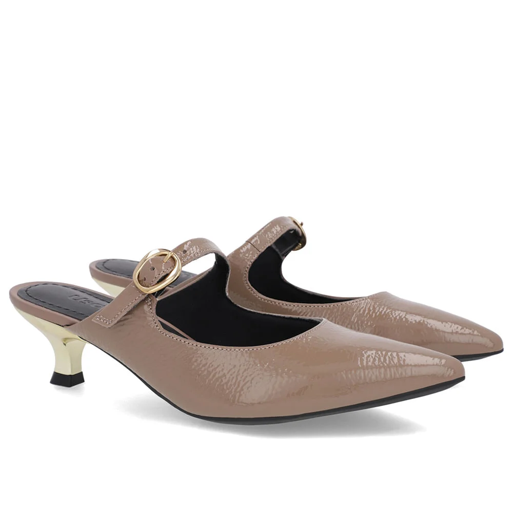 Mule Marrom Verniz Salto Kitten Tira Marrom 2