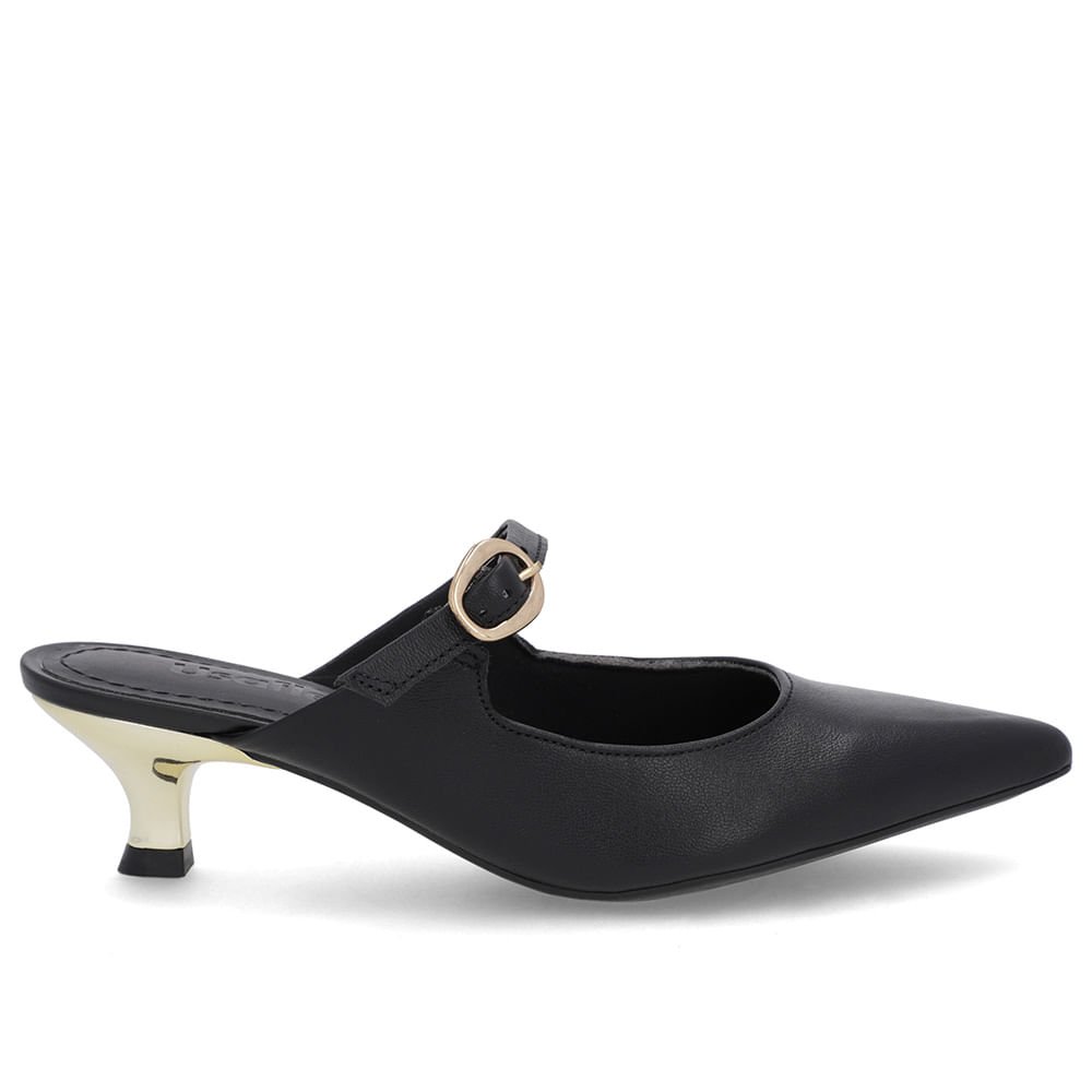 Mule Preta Couro Salto Kitten Tira