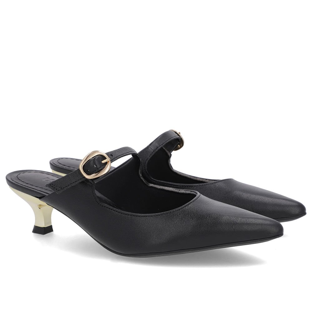 Mule Preta Couro Salto Kitten Tira Preto 2