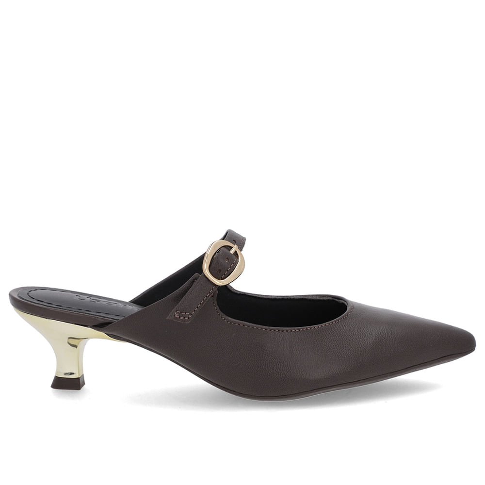 Mule Marrom Couro Salto Kitten Tira